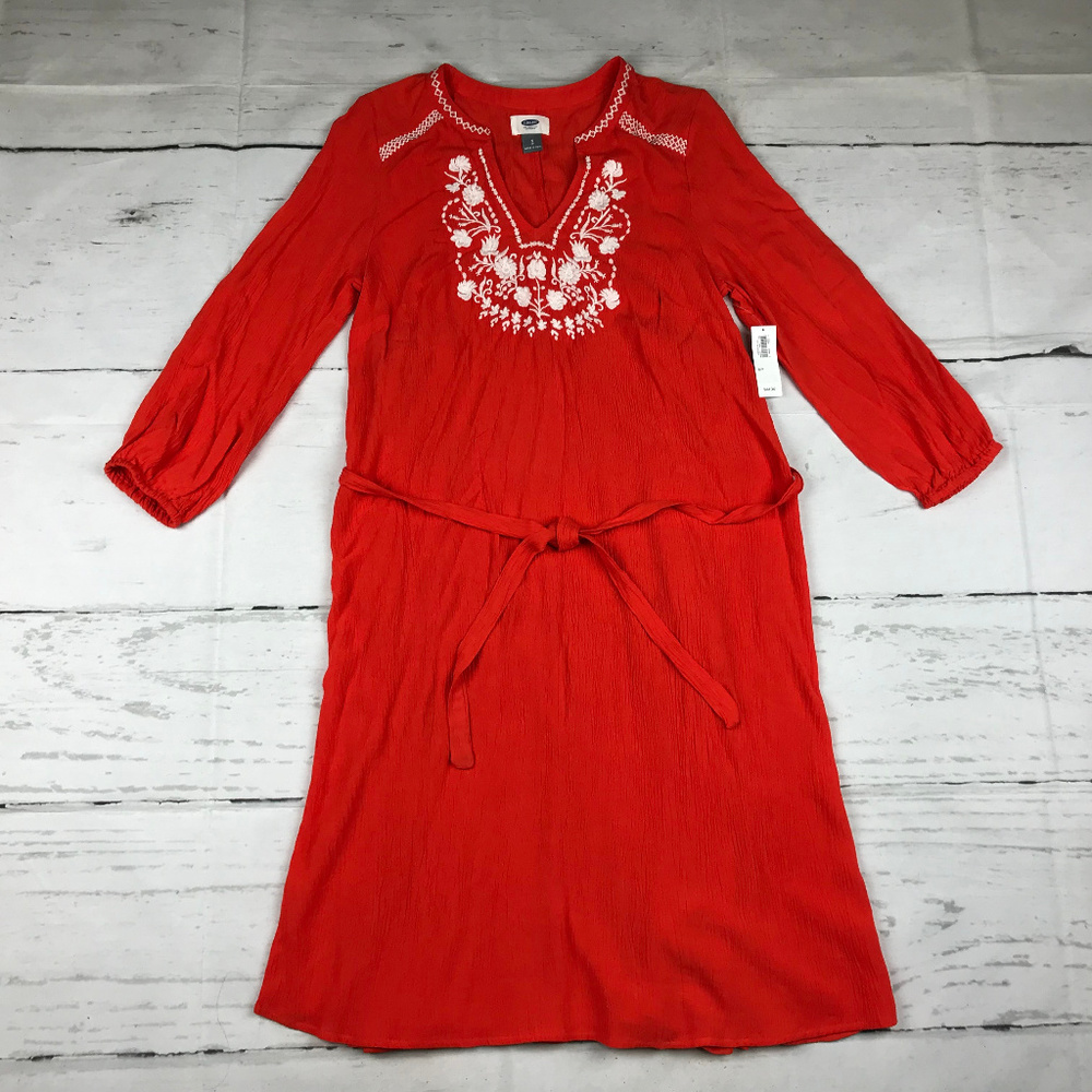 Old Navy NWT womens S Hot Tamale orange red white embroidered 3/4 sleeve dress
